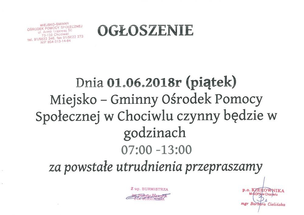 Uwaga - zmiana godzin pracy MGOPS w Chociwlu w dniu 01 czerwca 2018 r.