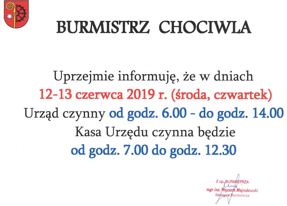 Uwaga! Zmiana godzin pracy Urzędu Miejskiego