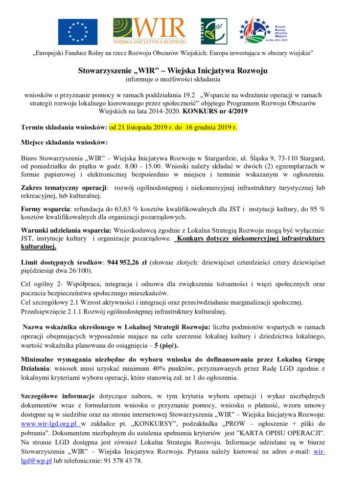  Stowarzyszenie WIR ogłasza konkurs nr 4/2019