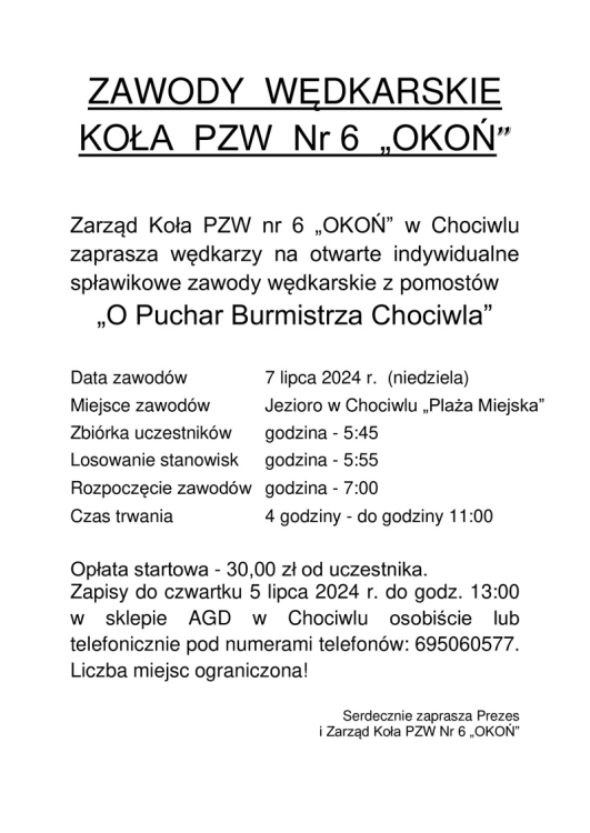 Zapraszamy na Zawody Wędkarskie "O Puchar Burmistrza Chociwla"
