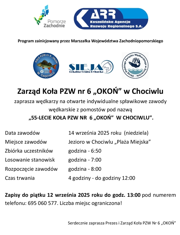 Zapraszamy na zawody wędkarskie z okazji 55 - lecia Koła PZW Nr 6 "Okoń" w Chociwlu