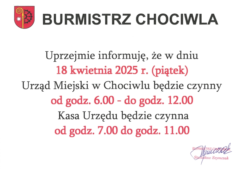 Godziny pracy Urzędu Miejskiego w Chociwlu - 18-04-2025
