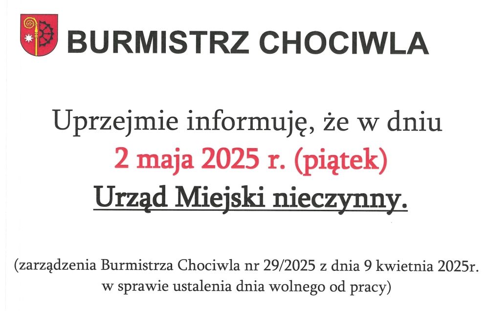 Uwaga! 2 maja 2025 roku Urząd Miejski będzie nieczynny